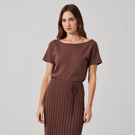Knit Pleated Maxi Dress with Round Neckline, Short Sleeves and Belt Tie