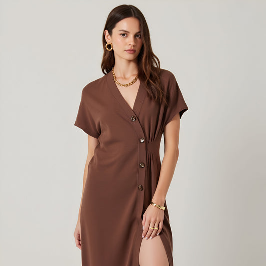 Knit Midi Cardigan with V-Neckline, Short Sleeves, Button Front and Adjustable Belt Loop