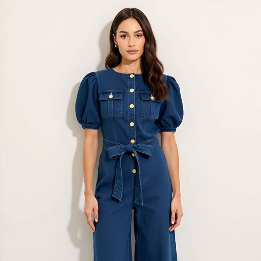 Denim Puff Sleeve Jumpsuit with Button Front and Tie Waist