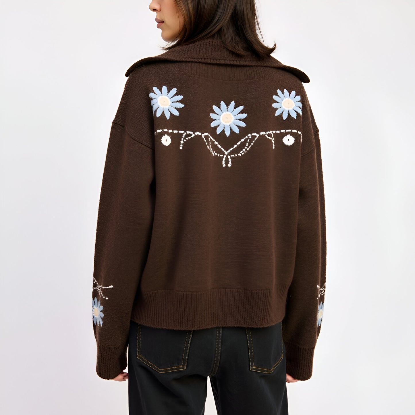 Button-Up Knit Cardigan with Abstract Floral Pattern