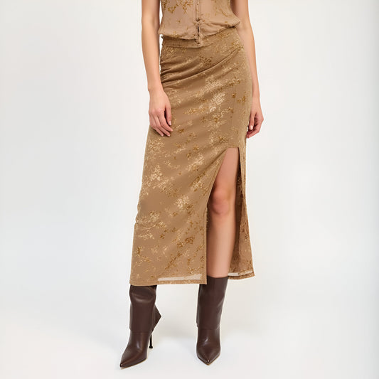 Floral Velvet Midi Skirt with Side Slit and Ruched Waist