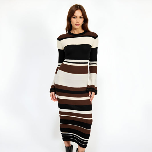 Striped Long Sleeve Knit Midi Dress with Flared Cuff Detail