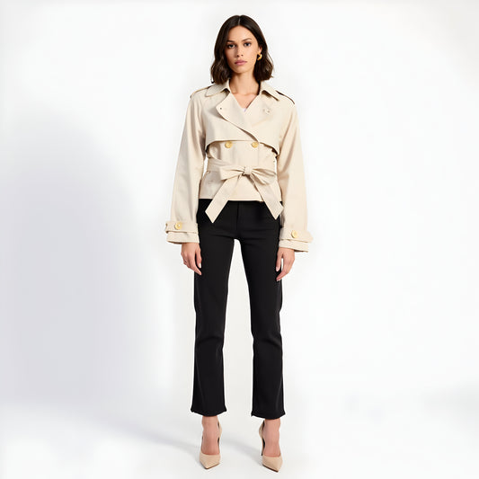 Cropped Trench Jacket with Waist Tie, Double-Breasted Front and Cuff Tabs