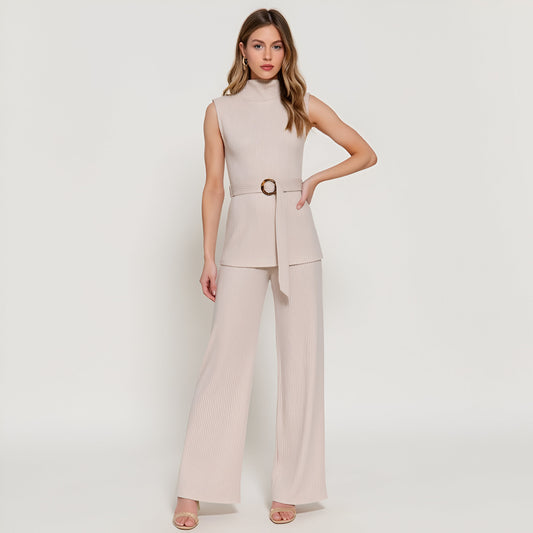 Sleeveless Ribbed Knit Belted Top and Wide-Leg Pants Set