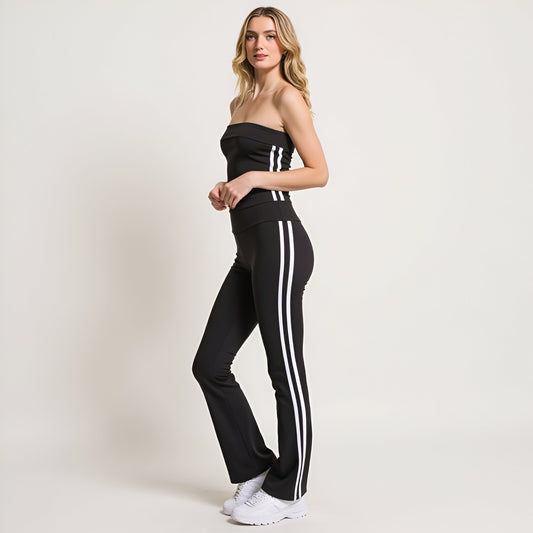 Athletic Stripe Bandeau Top and High Waist Flare Pants Two-Piece Set
