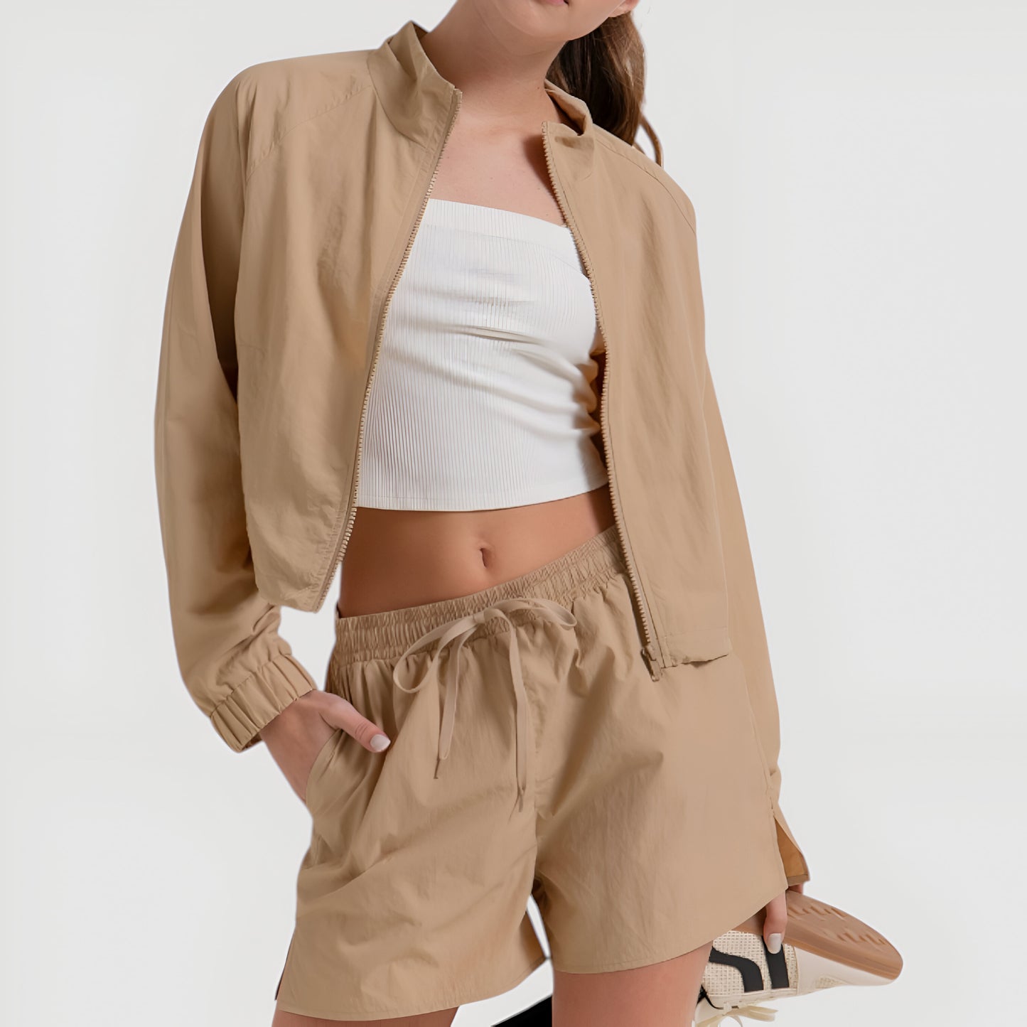 Cropped Zip-Front Jacket & High Waist Drawstring Shorts Set