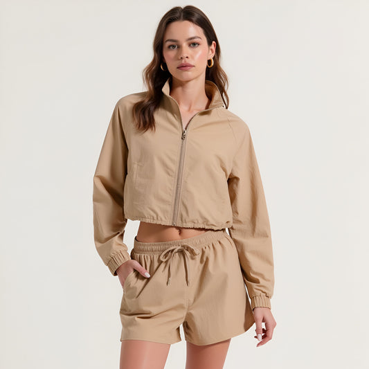 Cropped Zip-Front Jacket & High Waist Drawstring Shorts Set