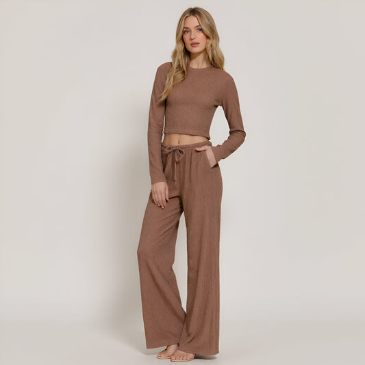 Ribbed Long Sleeve Crop Top and Wide Leg Lounge Pants Set with Drawstring