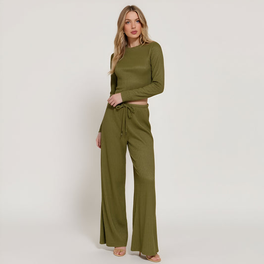 Ribbed Long Sleeve Crop Top and Wide Leg Lounge Pants Set with Drawstring