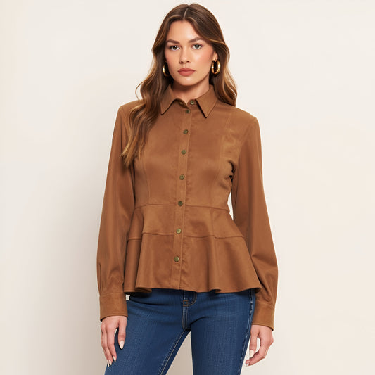 Peplum Snap Front Shirt Jacket with Long Sleeves and Collared Neckline
