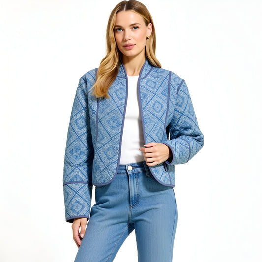 Diamond Pattern Quilted Jacket with Piped Trim and Open Front