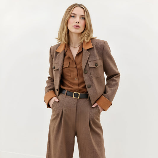 Cropped Blazer Jacket with Contrast Collar, Flap Pockets and Button Cuffs