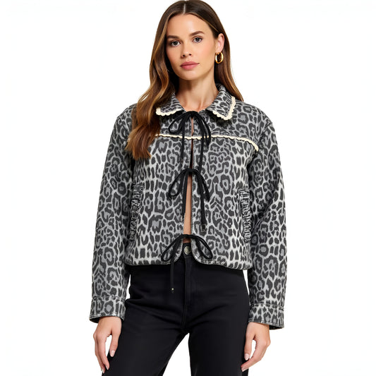 Leopard Jacquard Cropped Jacket with Scallop Collar and Bow Tie Front