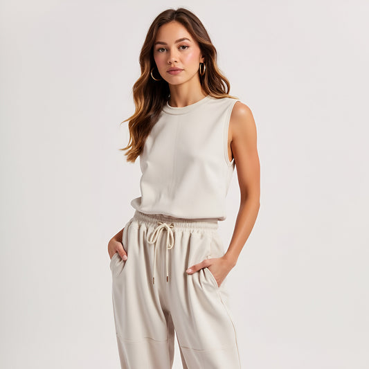 Sleeveless Rib Knit Top and High Waist Jogger Set with Drawstring Waist