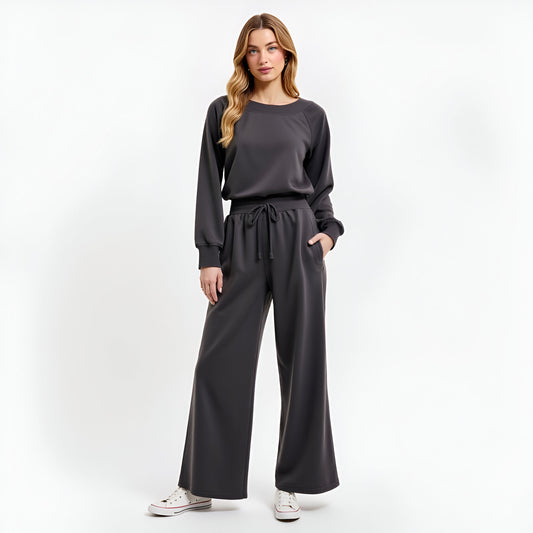 Wide Leg Long Sleeve Crewneck Knit Jumpsuit with Drawstring Waist