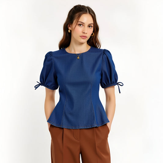 Denim Puff Sleeve Top with Round Neckline and Bow Tie Cuffs