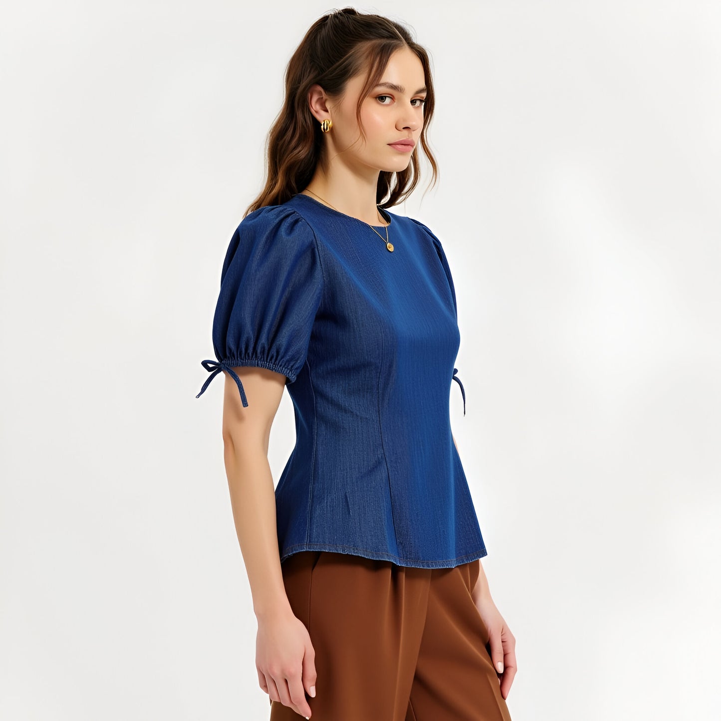 Denim Puff Sleeve Top with Round Neckline and Bow Tie Cuffs