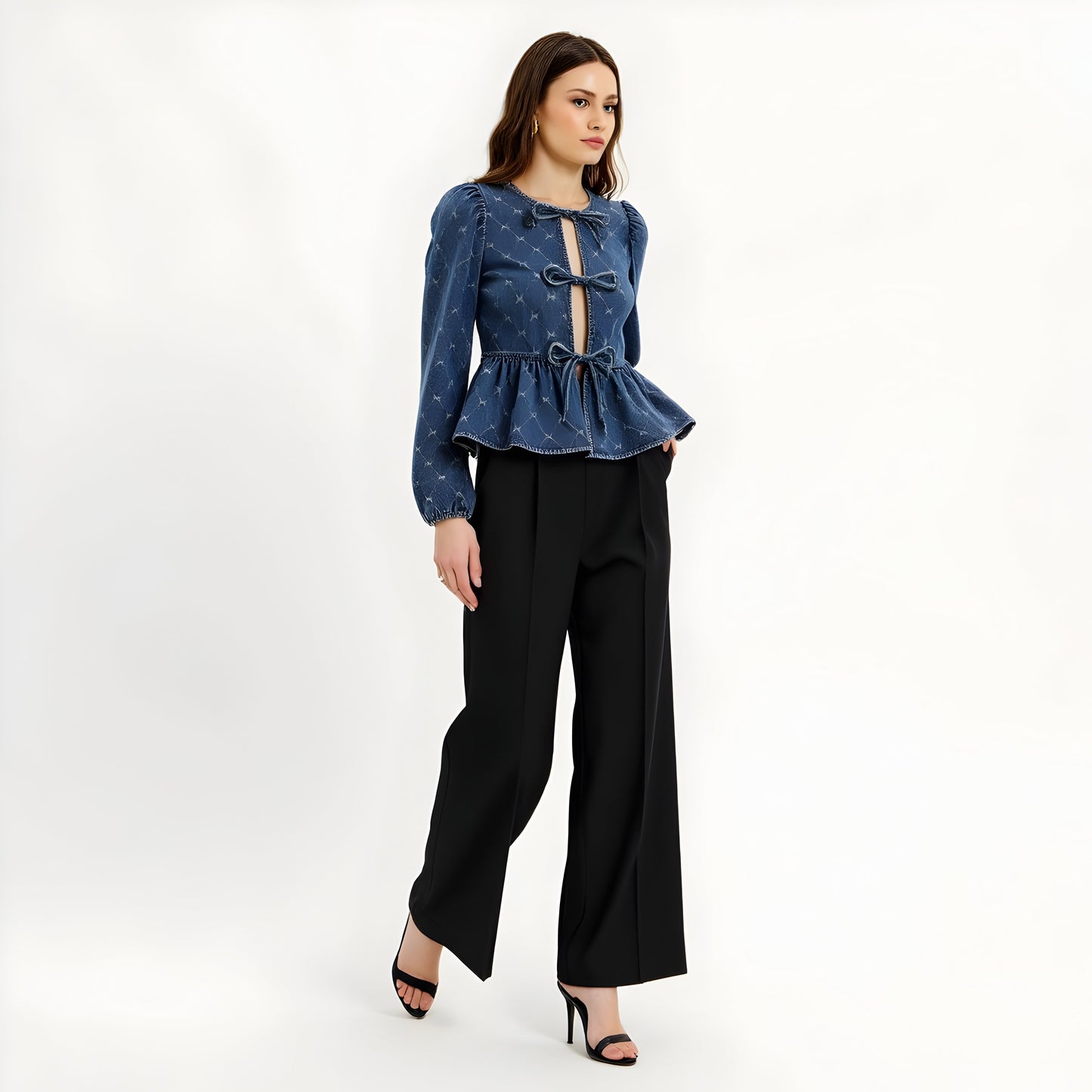 Denim Peplum Top with Puff Long Sleeves, Bow Tie Front and Embossed Print