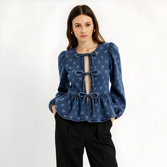 Denim Peplum Top with Puff Long Sleeves, Bow Tie Front and Embossed Print