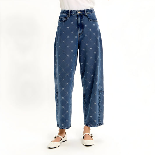Embroidered Denim Trousers with Barrel Leg Silhouette and High Rise Waist