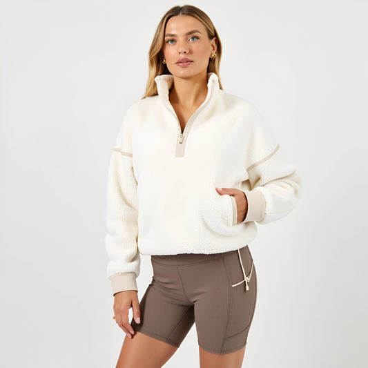 Plush Quarter-Zip Pullover with High Collar and Ribbed Hem Details
