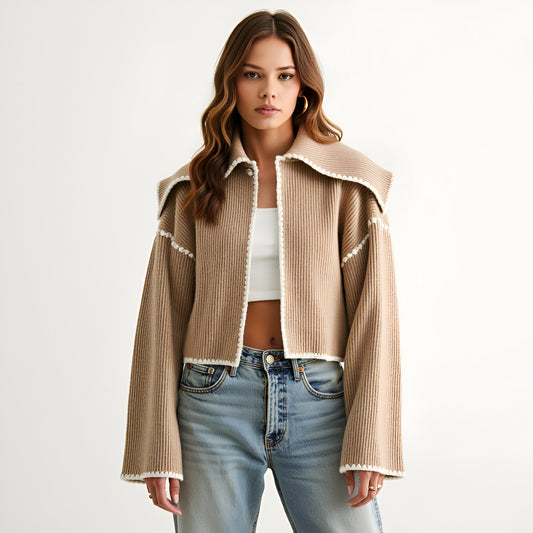 Textured Knit Jacket with Wide Collar, Raw Edge Trim and Layered Back Detail