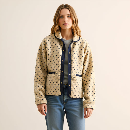 Printed Fleece Jacket with Snap Front and Contrast Trim