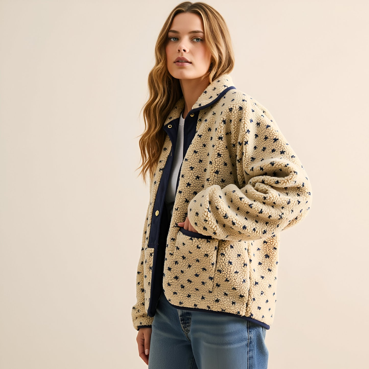 Printed Fleece Jacket with Snap Front and Contrast Trim