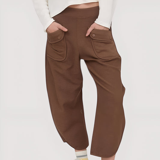 Wide-Leg Knit Crop Pants with Front Flap Pockets and Elastic Waistband