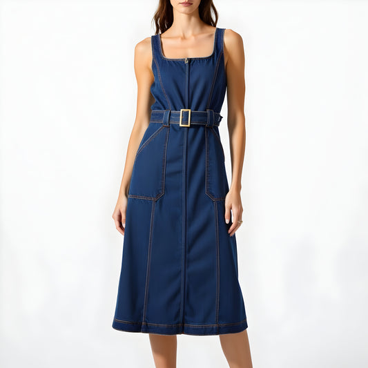 Denim Midi Dress with Square Neckline, Front Zip and Belted Waist