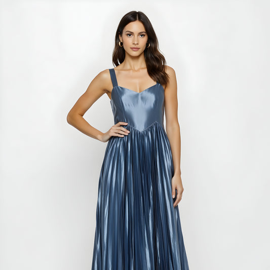 Shiny Pleated Midi Dress with Sweetheart Neckline and Wide Straps
