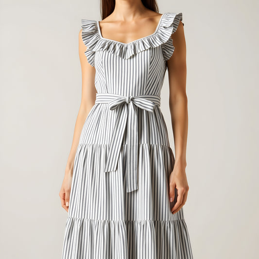 Striped Tiered Midi Dress with Ruffle Sleeves and Front Waist Tie