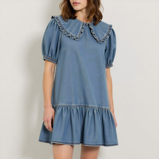 Ruffled Collar Short Dress with Puff Sleeves and Tiered Hem