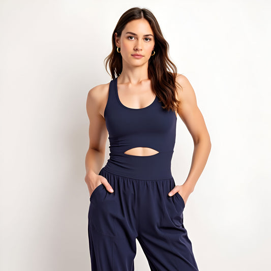 Active Jumpsuit with Scoop Neckline, Crisscross Back, and Cutout Waist Detail