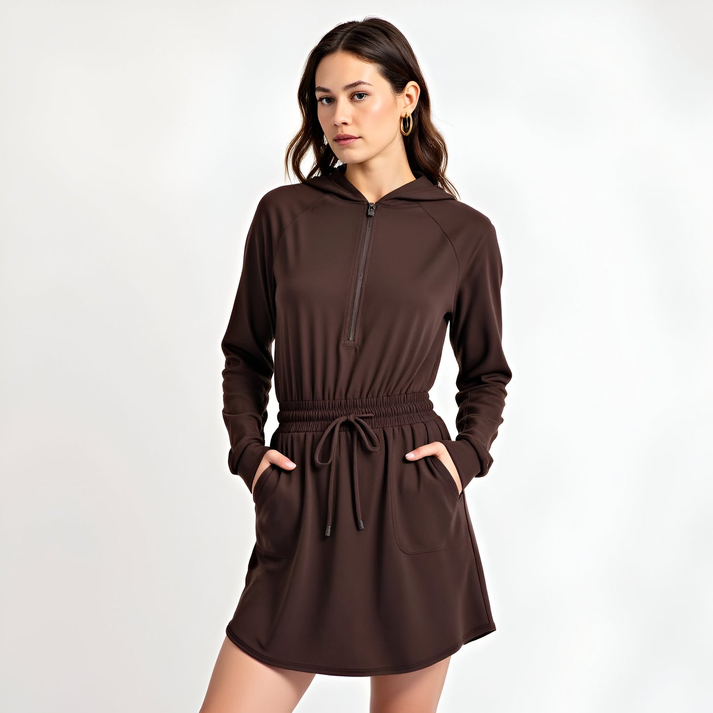 Long Sleeve Hooded Romper Skirt with Drawstring Waist and Half Zip Front