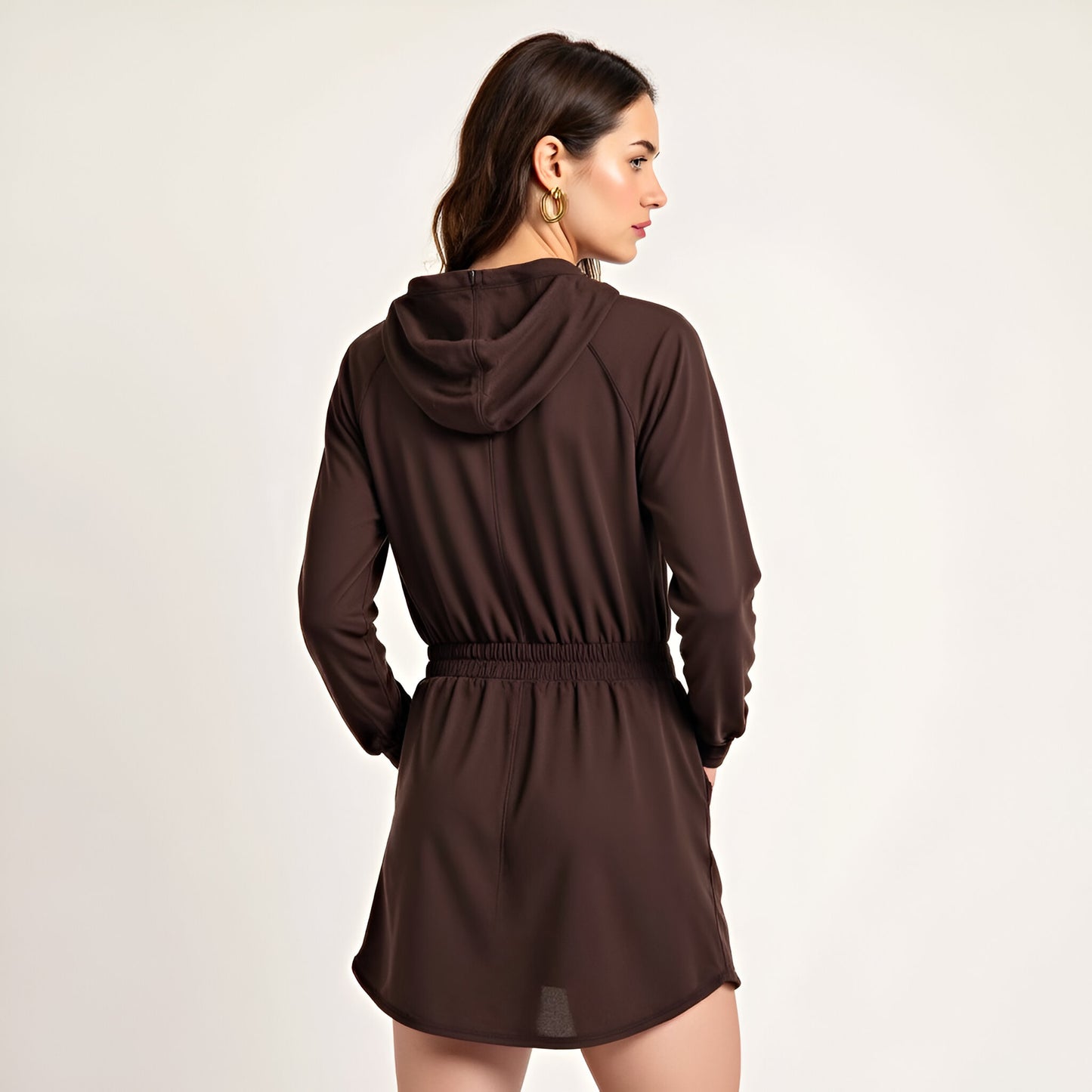 Long Sleeve Hooded Romper Skirt with Drawstring Waist and Half Zip Front