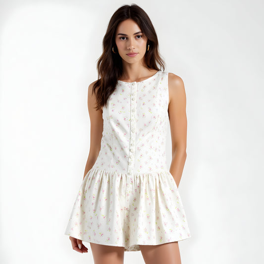 Sleeveless Button-Front Romper with Gathered Skirted Shorts and Floral Print