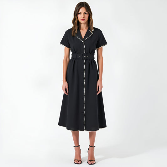 Short Sleeve Collared Midi Dress with Pearl Details and Statement Belt