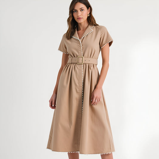 Short Sleeve Collared Midi Dress with Pearl Details and Statement Belt