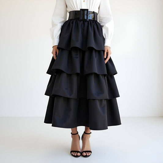 Tiered Ruffle Midi Skirt with Wide Belt and Layered Hem