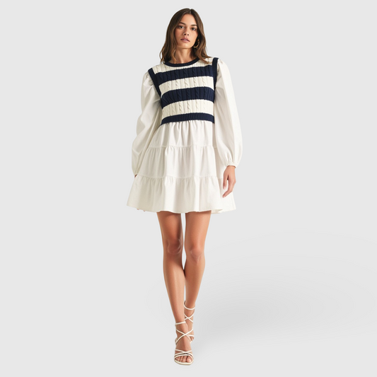 Tiered Long Sleeve Mini Dress with Striped Knit Sweater Overlay