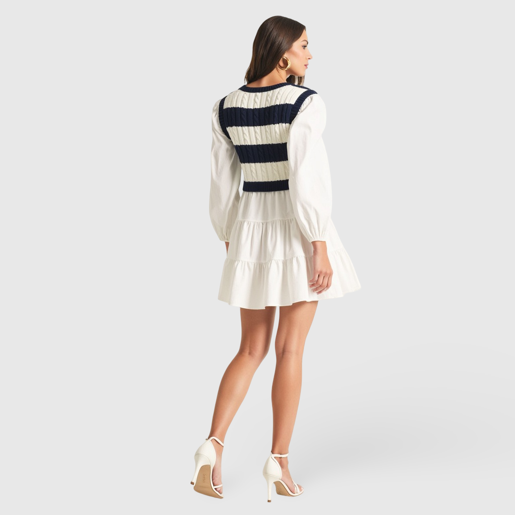 Tiered Long Sleeve Mini Dress with Striped Knit Sweater Overlay