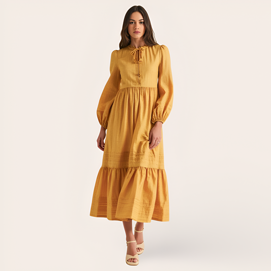 Midi Dress with Shirred Neckline, Tie Front Detail, Long Sleeves, and Tiered Hem