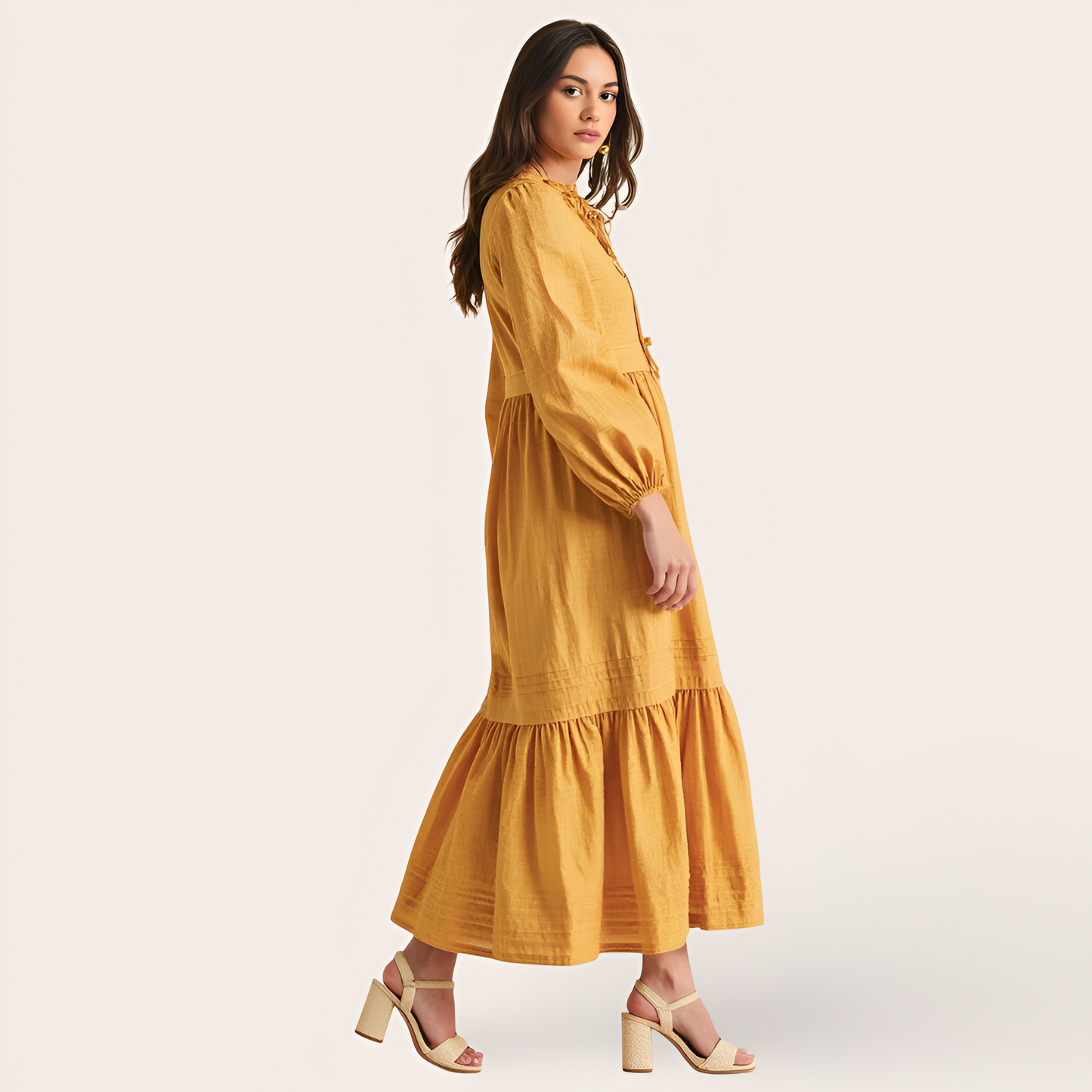 Midi Dress with Shirred Neckline, Tie Front Detail, Long Sleeves, and Tiered Hem