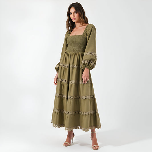 Smocked Bodice Maxi Dress with Lace Inset Tiers and Long Puff Sleeves