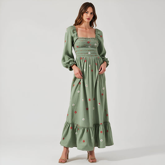 Floral-Embroidered Smocked Maxi Dress with Tiered Skirt and Open Back