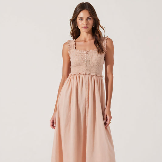Smocked Midi Dress with Ruffle Straps and Button-Front Detail