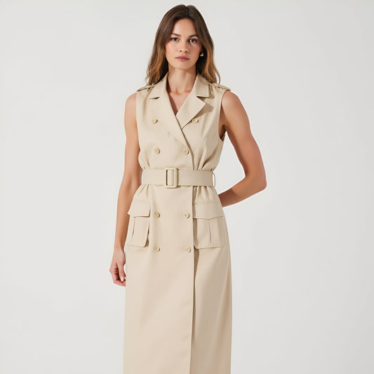 Sleeveless Double-Breasted Maxi Dress with Belt and Flap Pockets