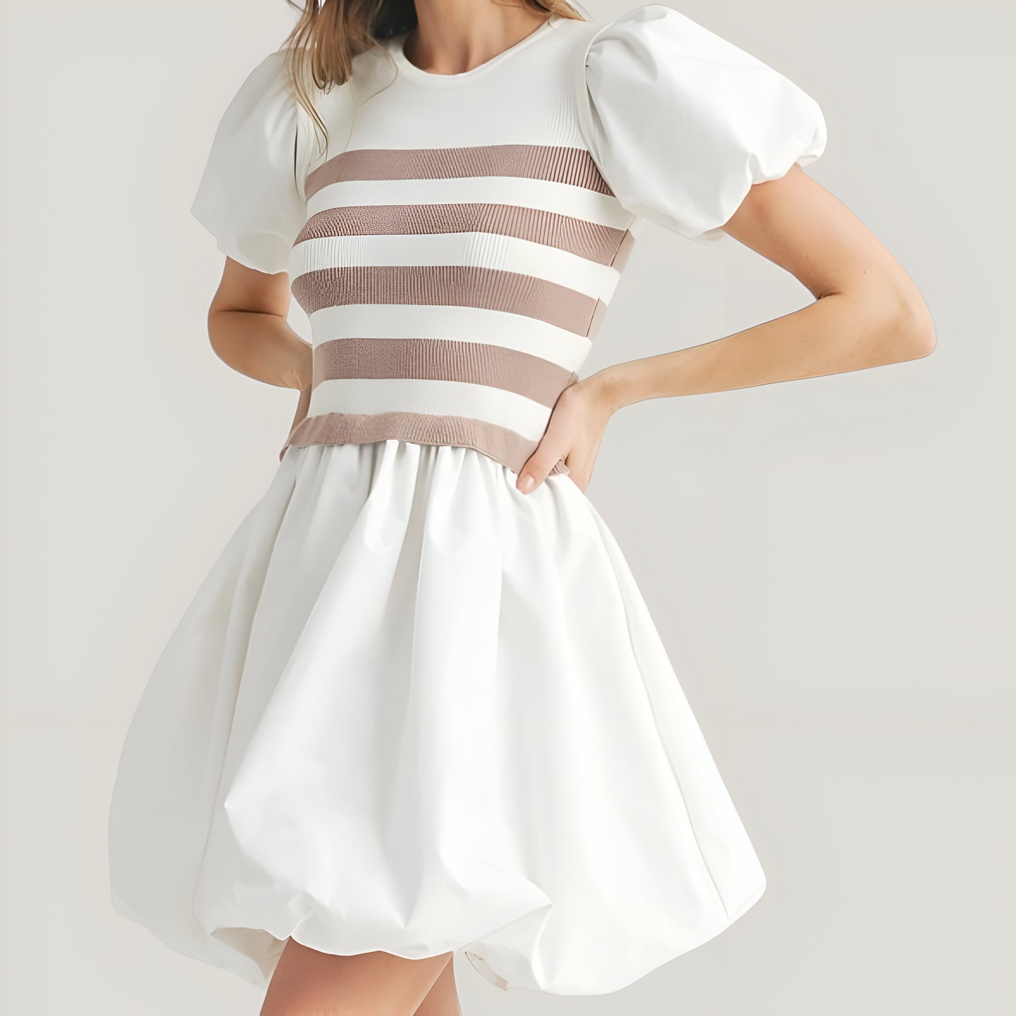 Striped Knit Bodice Puff Sleeve Mini Dress with Bubble Hem