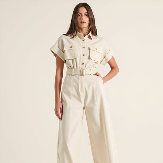 Cotton Blend Collared Jumpsuit with Side Patch Pockets and Removable Belt